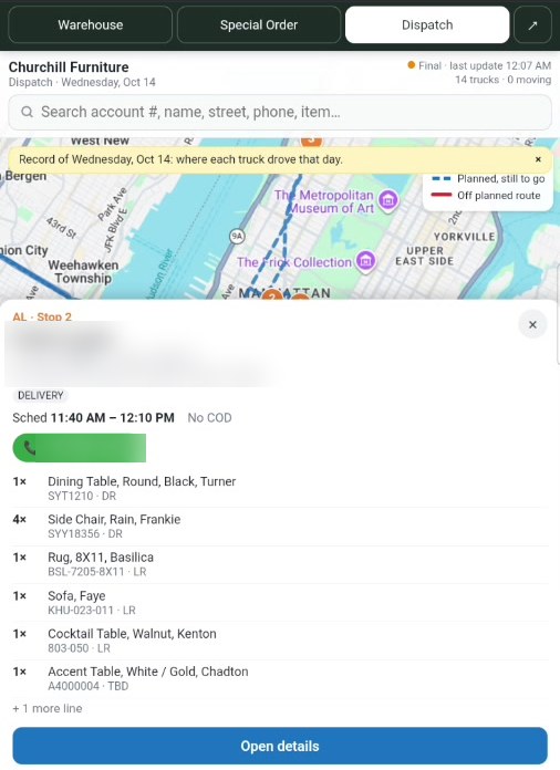 One stop opened with delivery window, call button and item list, personal details blurred