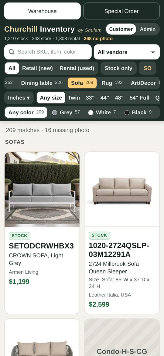 Inventory catalog with item photos on a phone