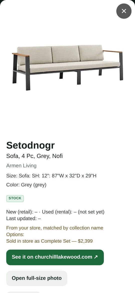 One item opened with photo, size, price and store link on a phone