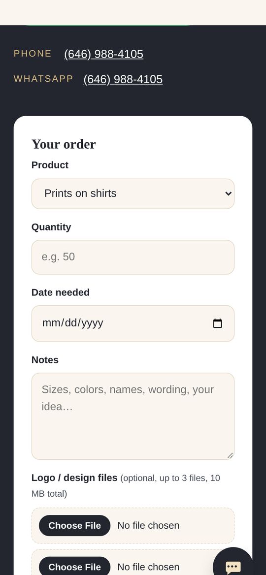 Order form with file upload on a phone